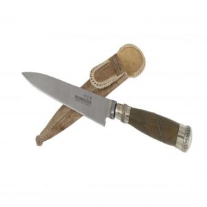 Cuchillo Hoja Acero Inox Schmieden 14 Cm Encabado En Madera Palo Santo Con Copas y Alambre Doble En Alpaca y Vaina De Cuero Crudo