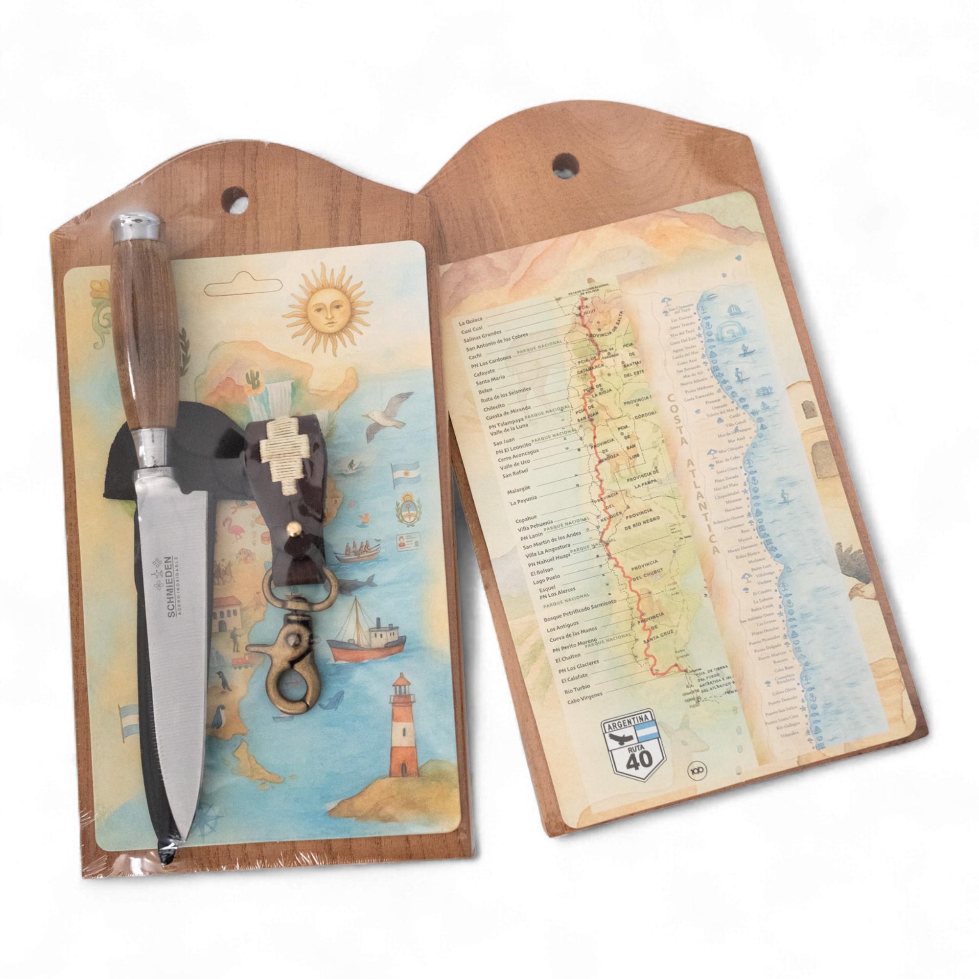 Juego de Cuchillo 14 cm Marca Schmieden Madera y virolasLlavero de cuero Y tabla Madera en Blister