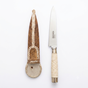 Cuchillo Trenzado Fino y Alpaca 14Cm Acero Inox Vaina Cuero Crudo BLANCO