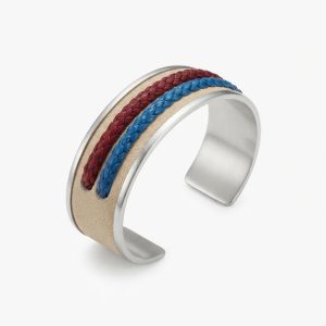 Pulsera Angosta De Alpaca Y Cuero Crudo Con Doble Tira